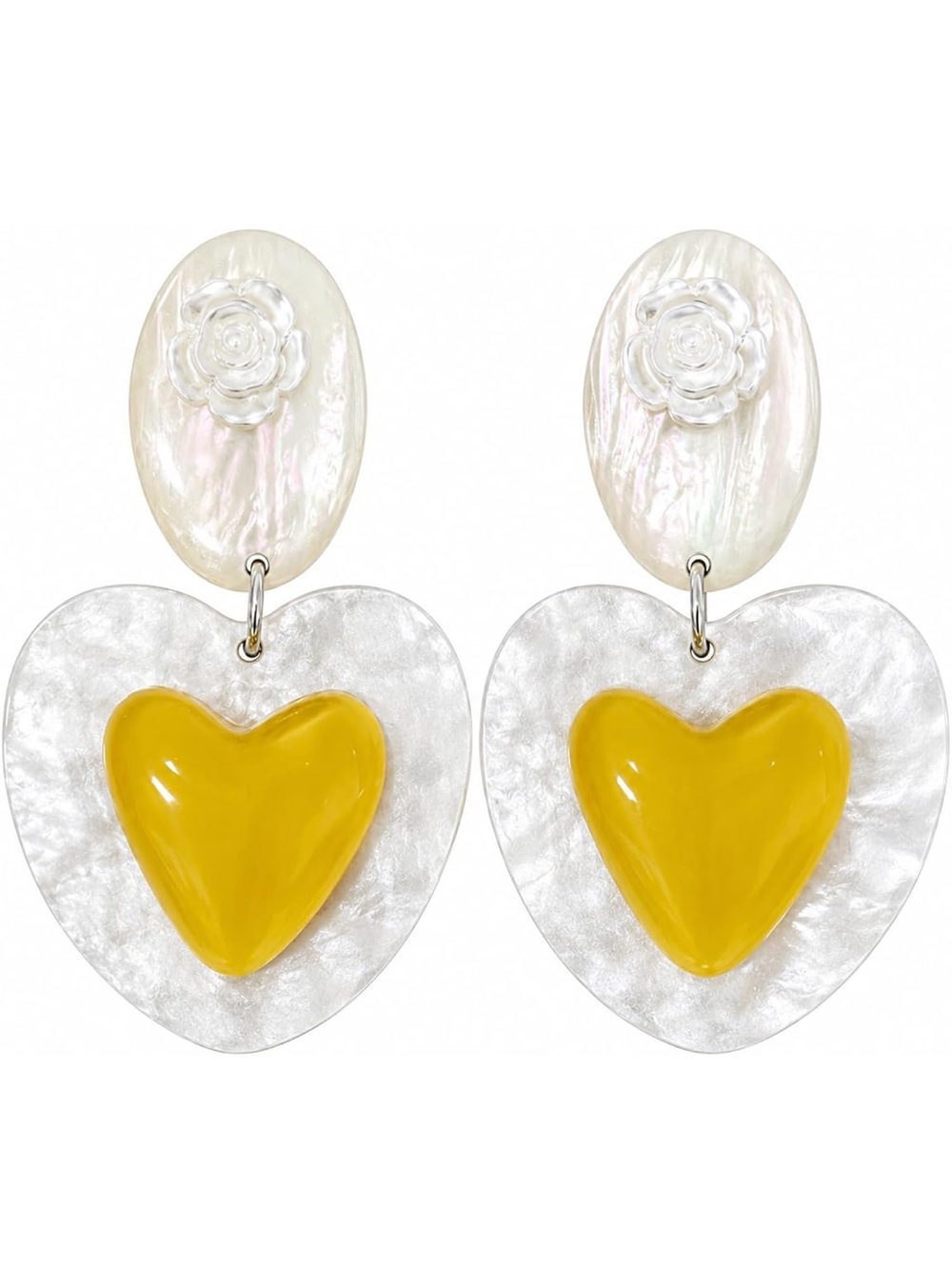 White Heart Drop Earrings with Yellow Heart Accent - Picture 6 of 6